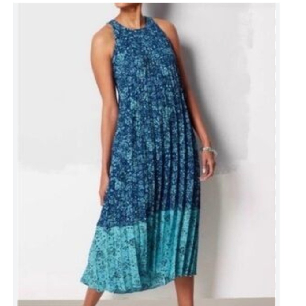 J. Jill Wearever Blue Floral Pleated Maxi Dress Tall Large Ombre Sleeveless